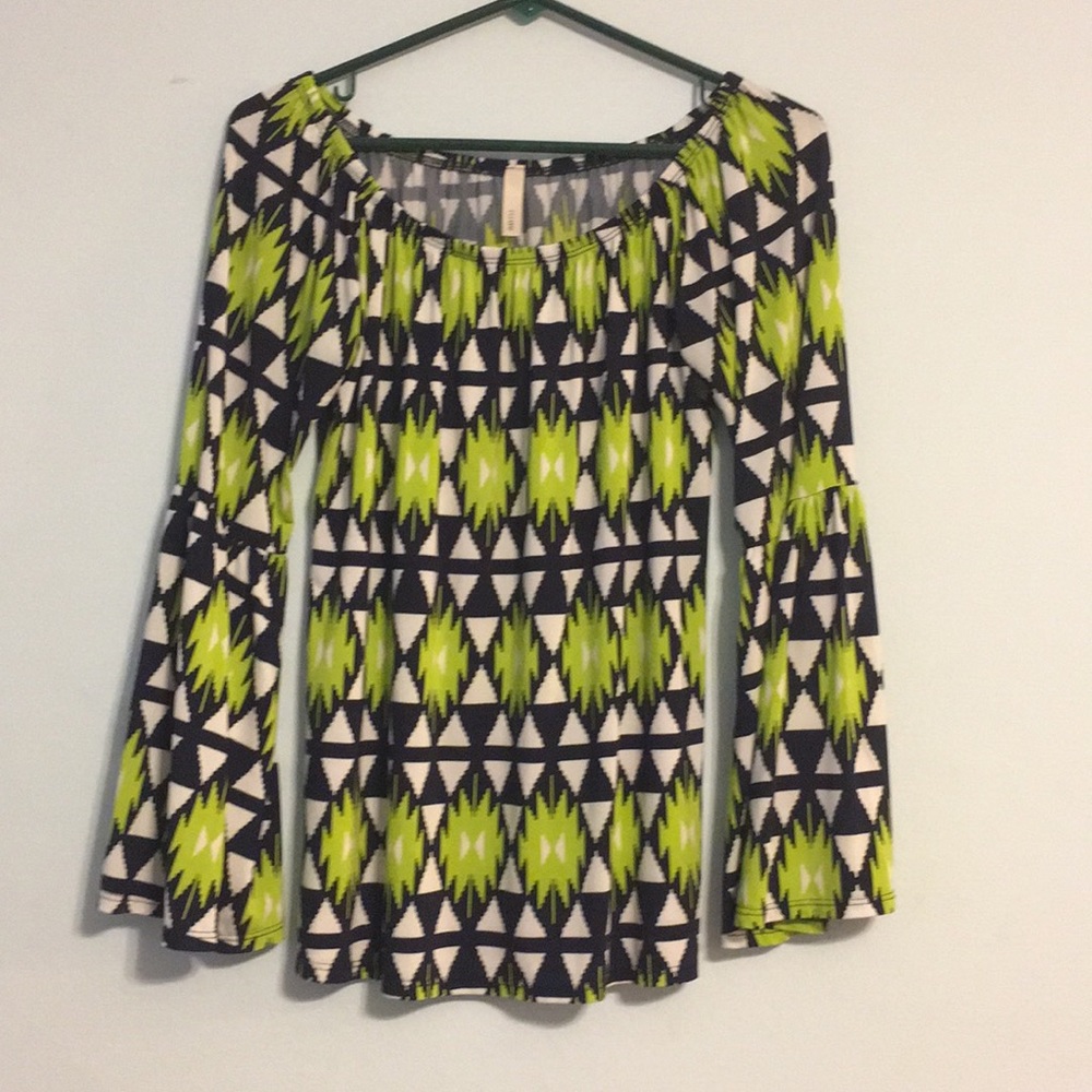 Navy, lime green & white geometric top
